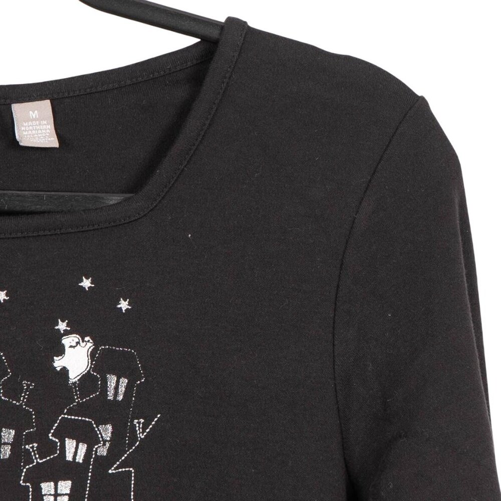 Happy Halloween TShirt M Haunted House Ghost Embroidered Long Sleeve Stretch - Picture 3 of 6
